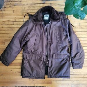 Vtg 1970s brown winter field coat utility security insulated removable hood M/L